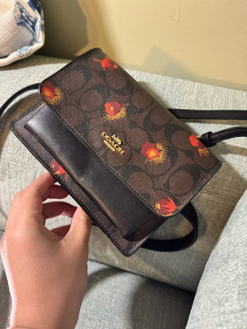 Coach Floral Signature Crossbody Bag in Brown with Red Accents